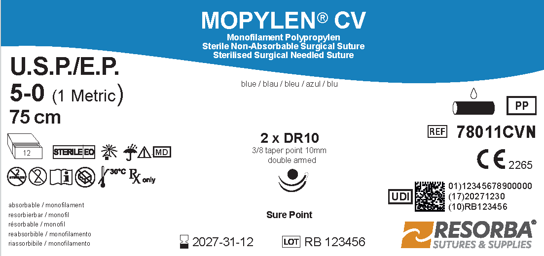 Мопілен CV USP 5-0 синій, довж. 75см, дві колючі голки Sure Point 10мм, 3/8 кола